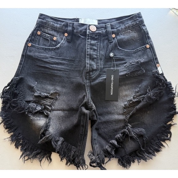 One Teaspoon Pants - One Teaspoon Bandits Denim Shorts Black Distressed Raw Hem Size 24 NWT